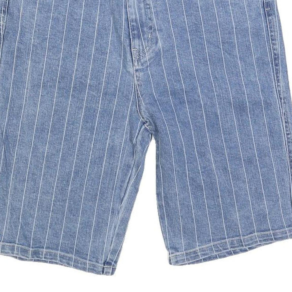 KARL KANI Mens Shorts Blue Pinstripe Casual L W32 Denim Cotton Blend Embroidered