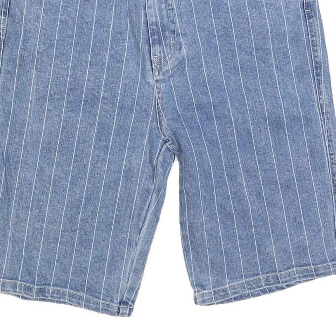 KARL KANI Mens Shorts Blue Pinstripe Casual L W32 Denim Cotton Blend Embroidered