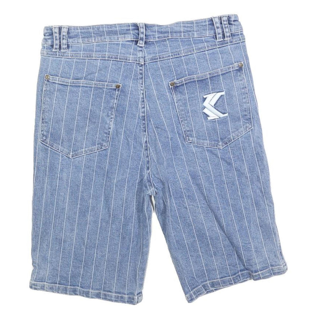 KARL KANI Mens Shorts Blue Pinstripe Casual L W32 Denim Cotton Blend Embroidered