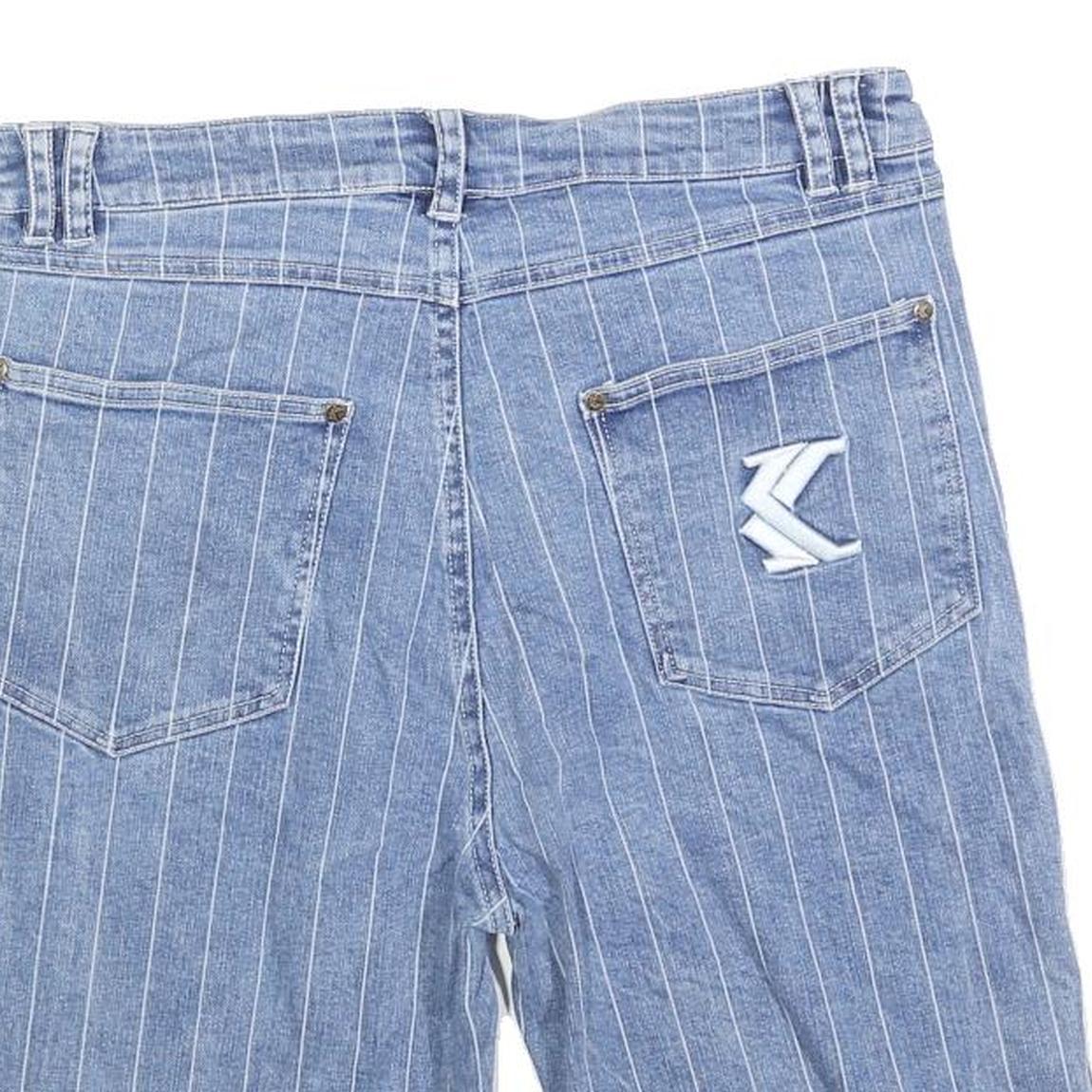 KARL KANI Mens Shorts Blue Pinstripe Casual L W32 Denim Cotton Blend Embroidered