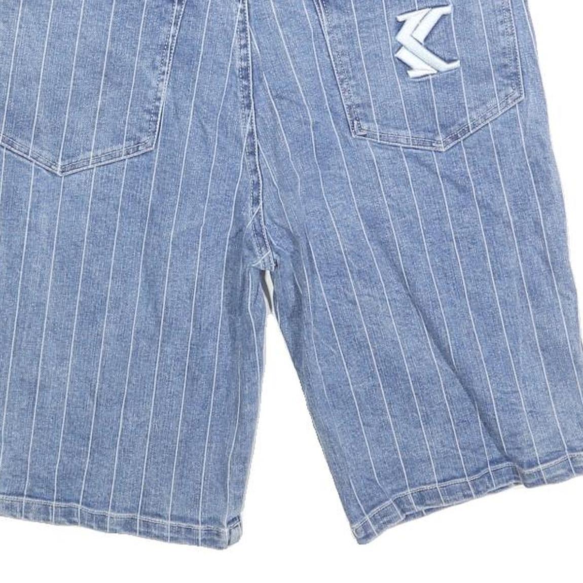 KARL KANI Mens Shorts Blue Pinstripe Casual L W32 Denim Cotton Blend Embroidered