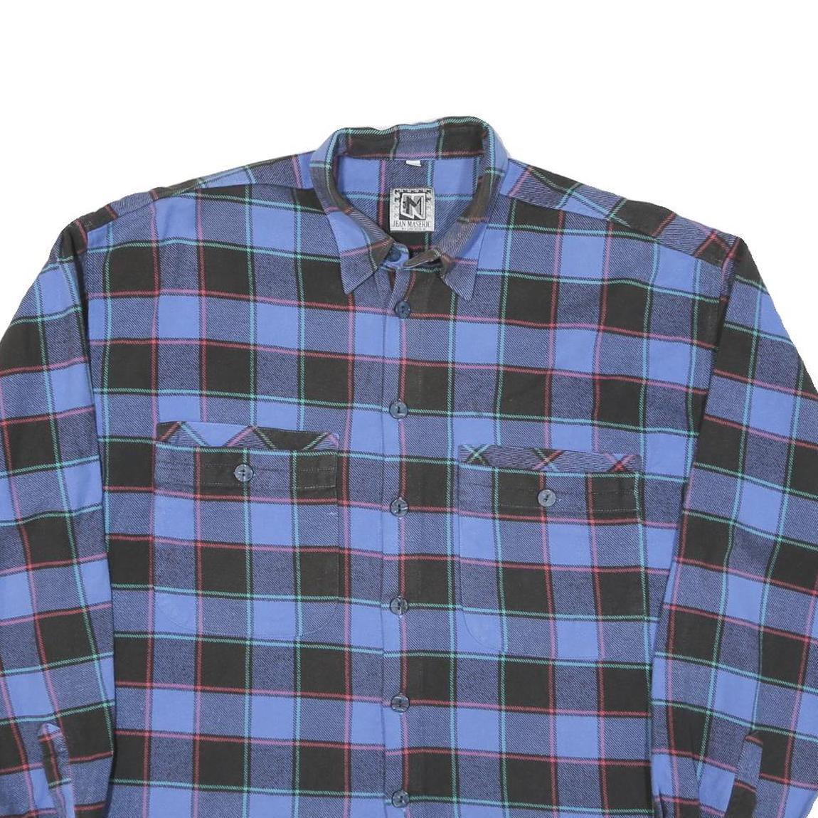 Mens Blue Black Check Shirt L Cotton Long Sleeve Casual Button Pocket