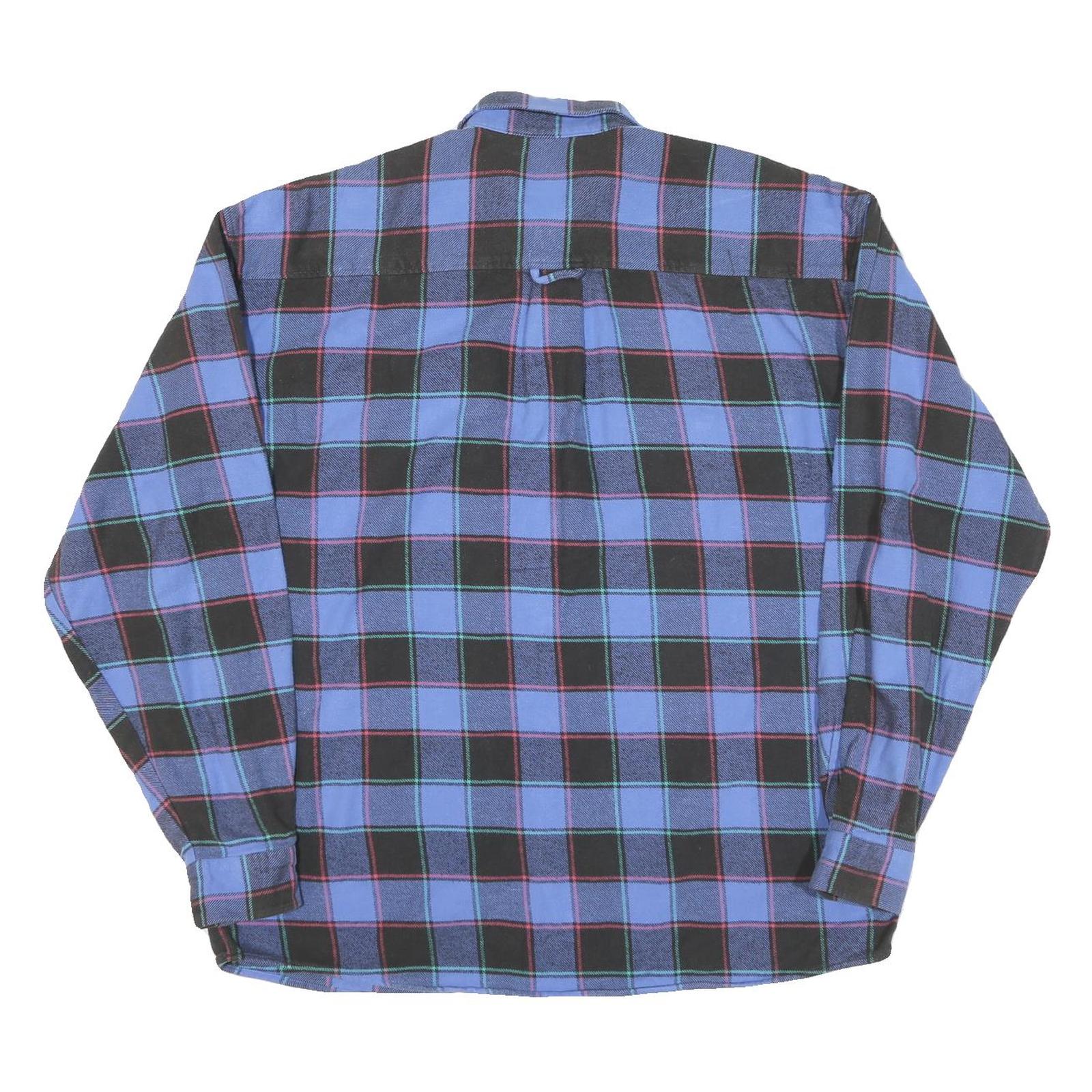 Mens Blue Black Check Shirt L Cotton Long Sleeve Casual Button Pocket