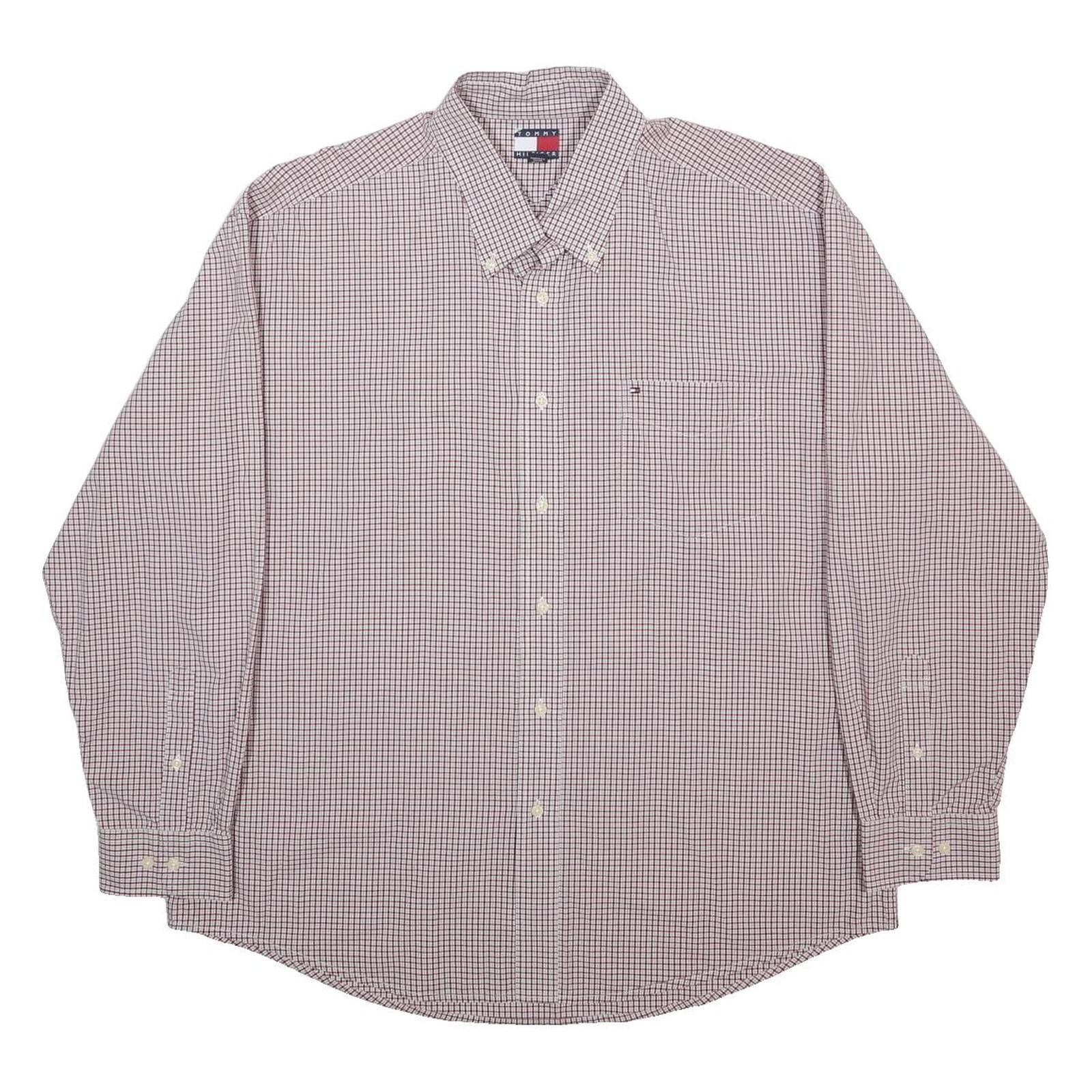TOMMY HILFIGER Mens White & Burgundy Check Shirt XL Button Down Casual Cotton