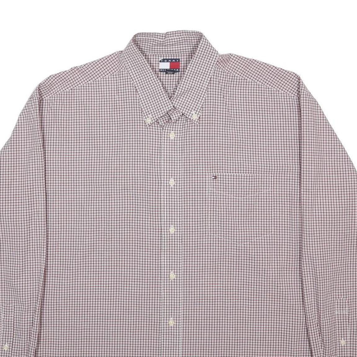 TOMMY HILFIGER Mens White & Burgundy Check Shirt XL Button Down Casual Cotton