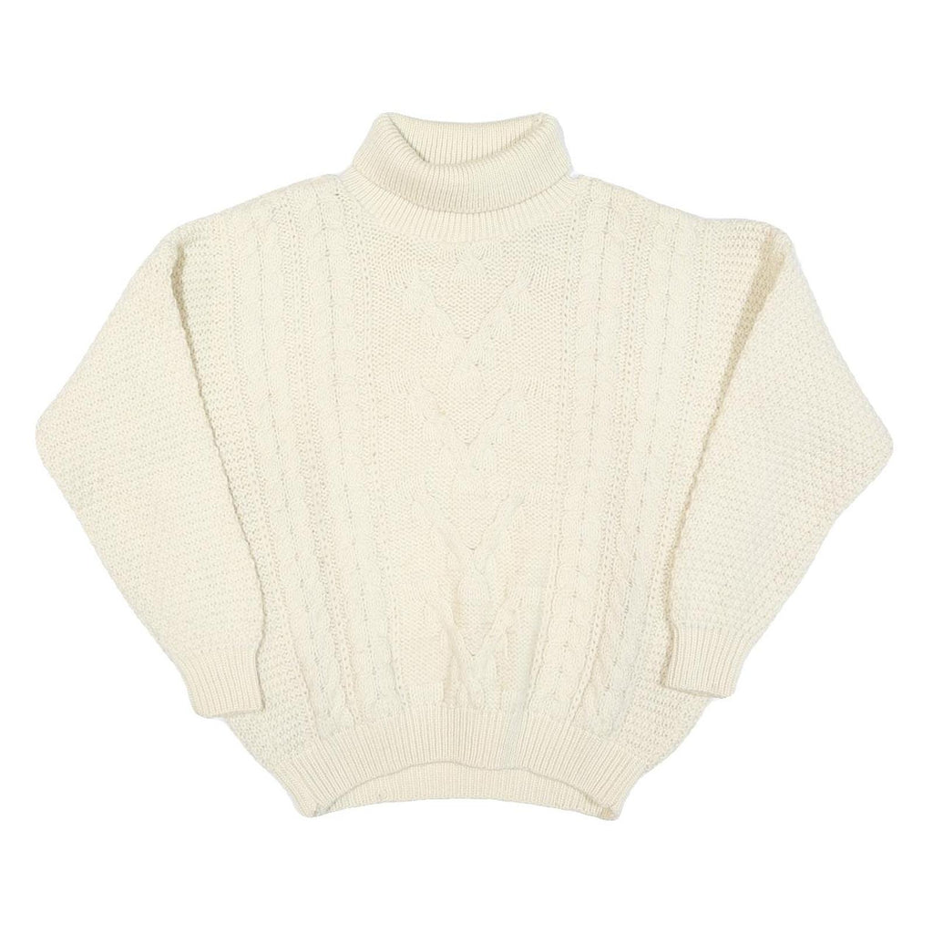 Womens Cream Plain Wool Blend Chunky Knit Jumper Roll Neck L Winter Warm