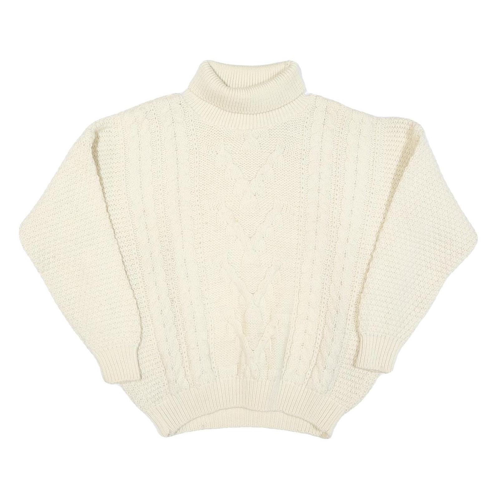 Womens Cream Plain Wool Blend Chunky Knit Jumper Roll Neck L Winter Warm