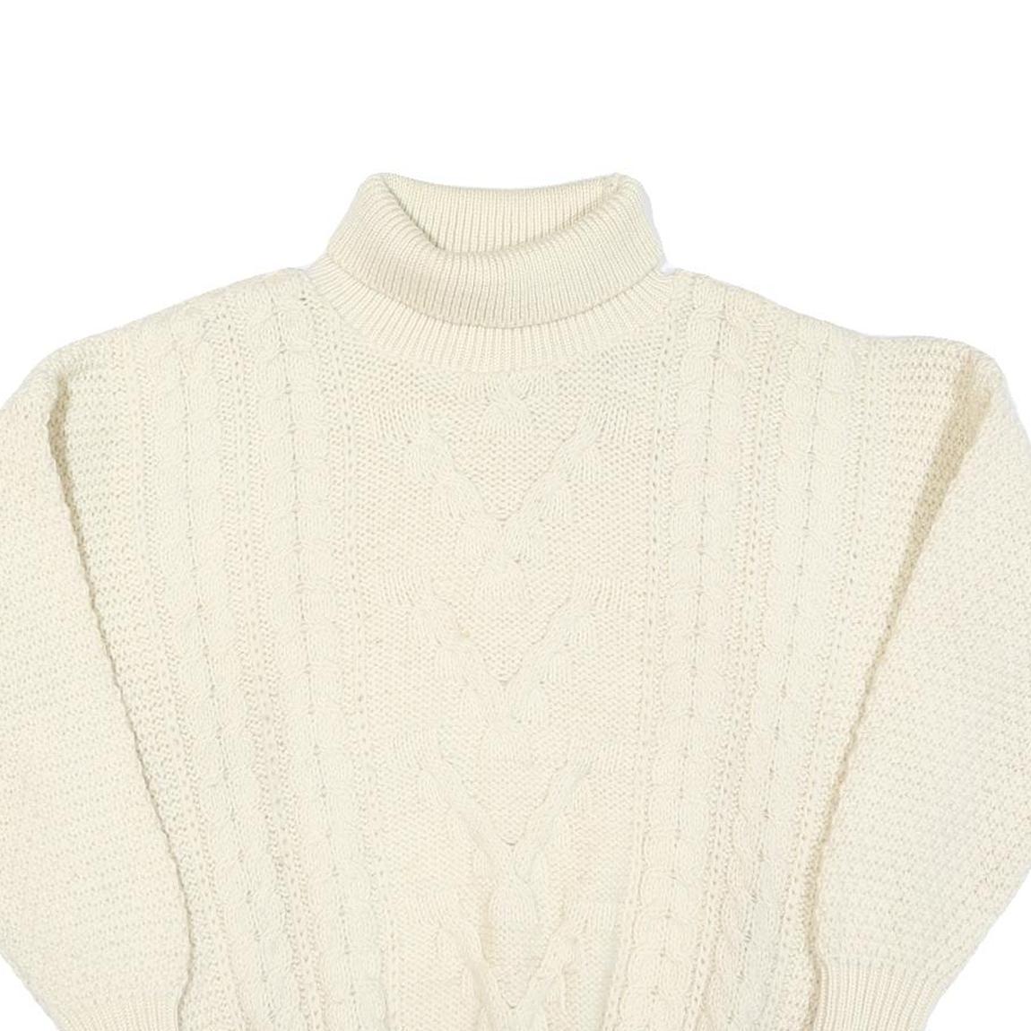 Womens Cream Plain Wool Blend Chunky Knit Jumper Roll Neck L Winter Warm
