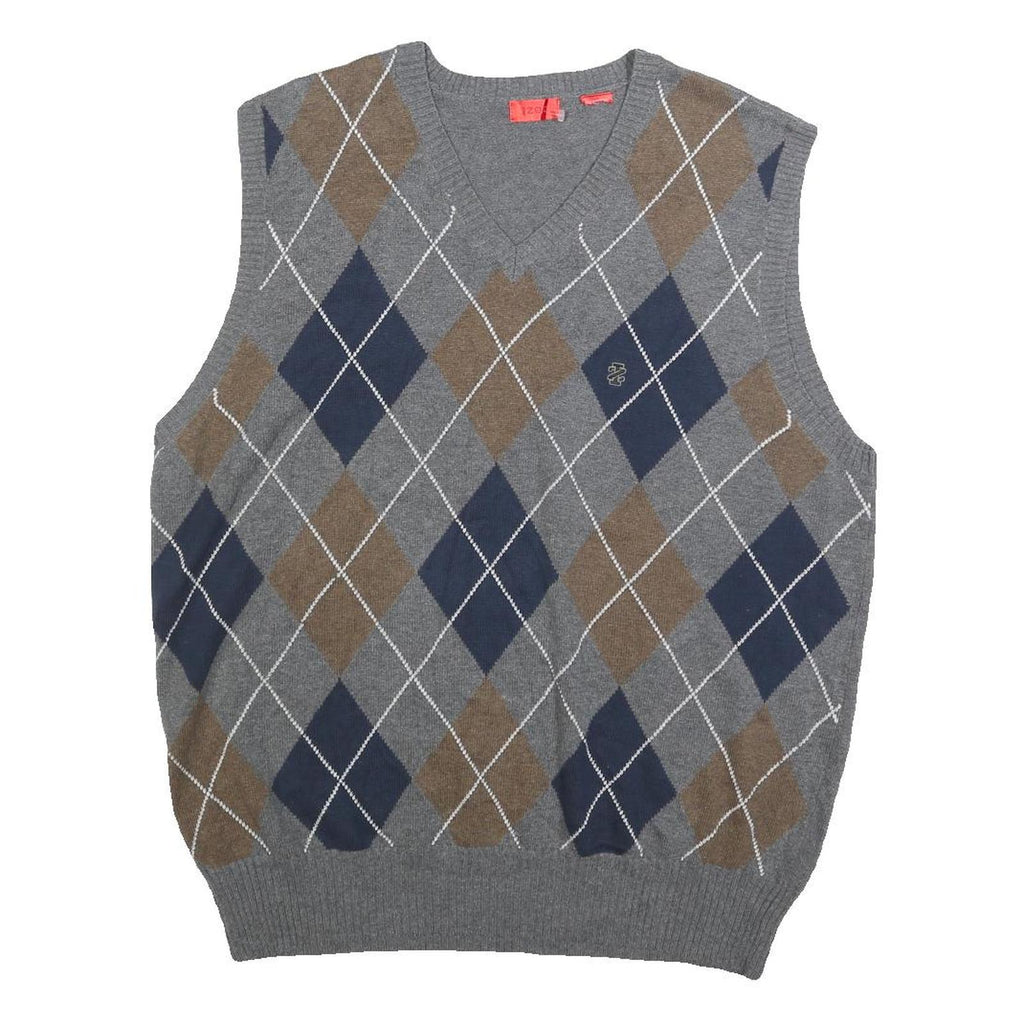 IZOD Mens Grey Brown & Blue Patterned V-Neck Cotton Jumper Vest L Argyle Casual