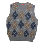 IZOD Mens Grey Brown & Blue Patterned V-Neck Cotton Jumper Vest L Argyle Casual