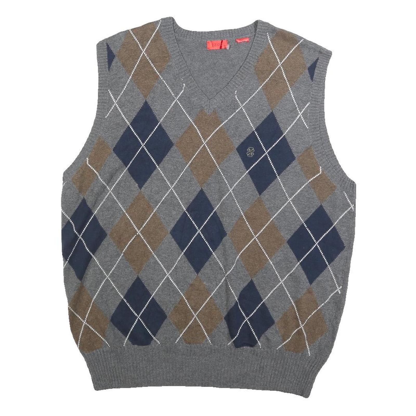IZOD Mens Grey Brown & Blue Patterned V-Neck Cotton Jumper Vest L Argyle Casual