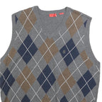 IZOD Mens Grey Brown & Blue Patterned V-Neck Cotton Jumper Vest L Argyle Casual