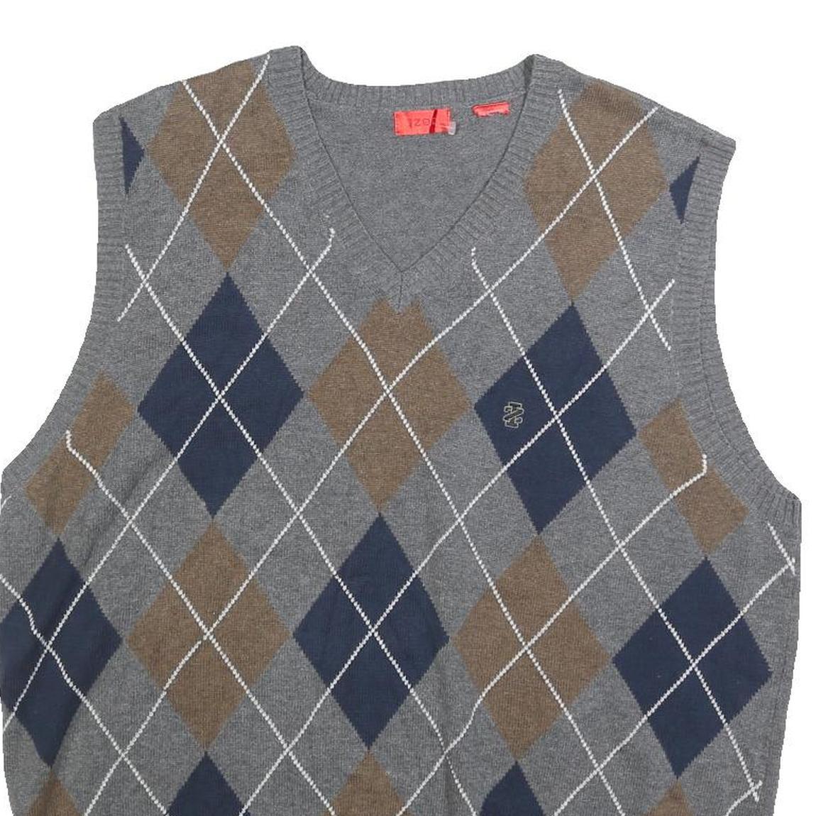 IZOD Mens Grey Brown & Blue Patterned V-Neck Cotton Jumper Vest L Argyle Casual