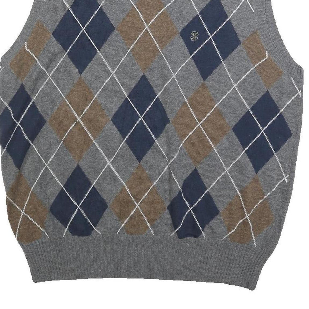 IZOD Mens Grey Brown & Blue Patterned V-Neck Cotton Jumper Vest L Argyle Casual