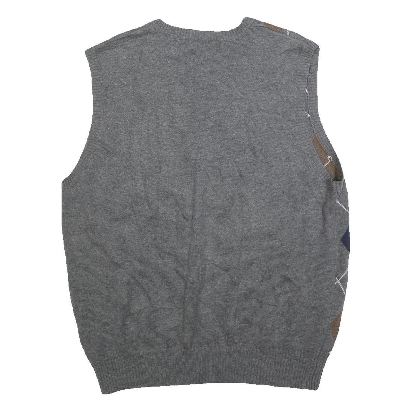 IZOD Mens Grey Brown & Blue Patterned V-Neck Cotton Jumper Vest L Argyle Casual