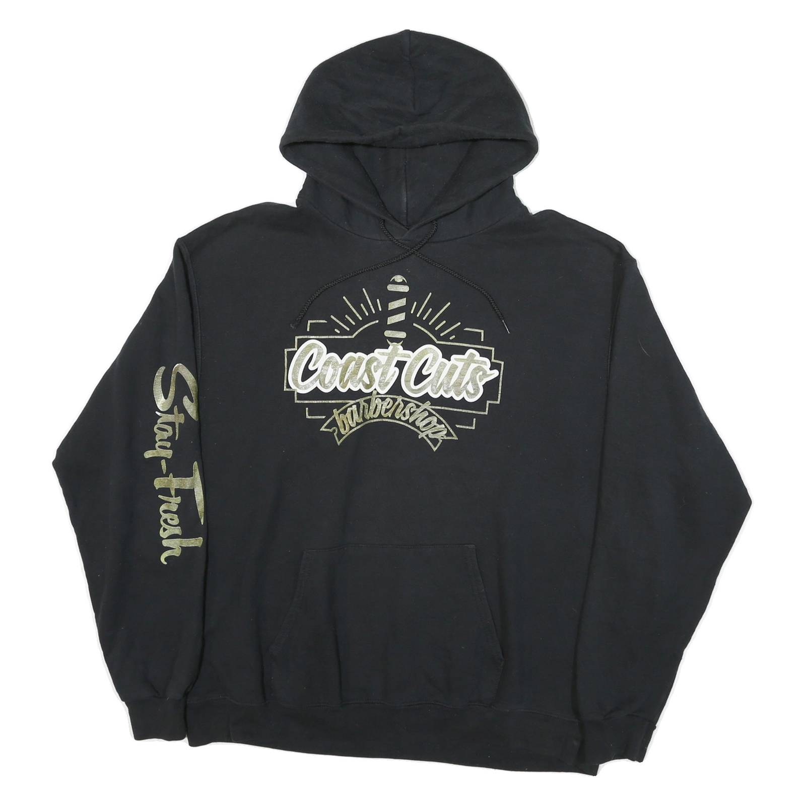 CHAMPION Mens Black Coast Cuts Barbershop Pullover Hoodie XL Printed Sleeve