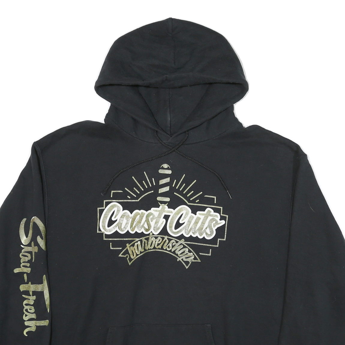 CHAMPION Mens Black Coast Cuts Barbershop Pullover Hoodie XL Printed Sleeve