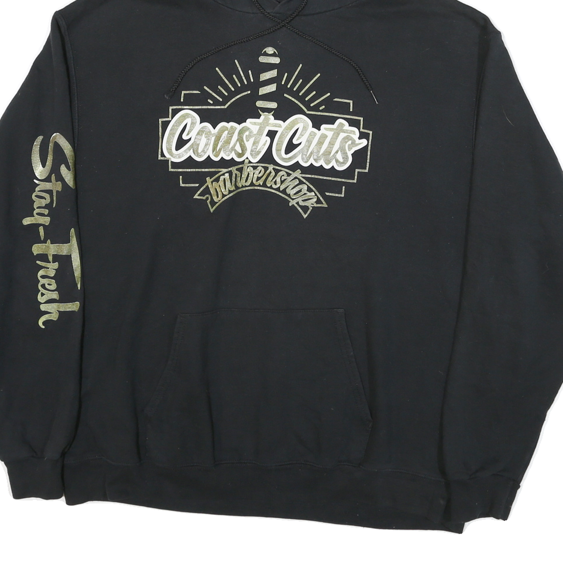 CHAMPION Mens Black Coast Cuts Barbershop Pullover Hoodie XL Printed Sleeve