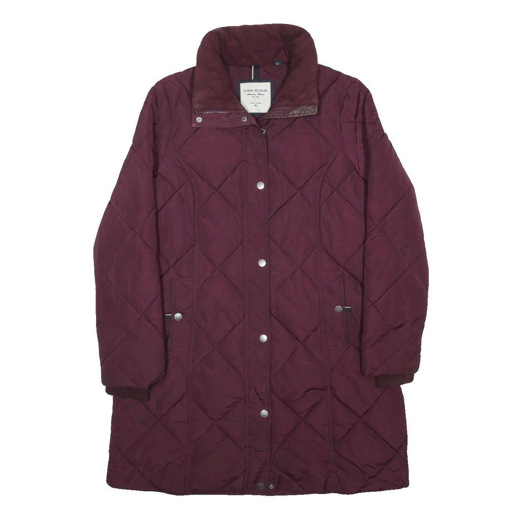 TOMMY HILFIGER Womens Maroon Quilt Jacket L Polyester Diamond Pattern Long