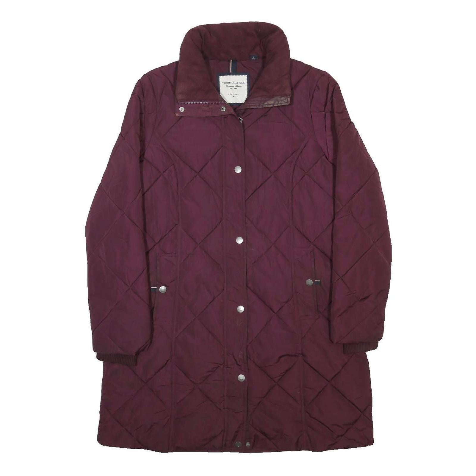 TOMMY HILFIGER Womens Maroon Quilt Jacket L Polyester Diamond Pattern Long