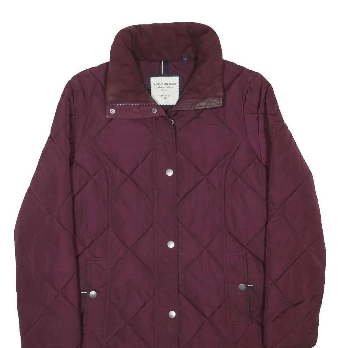 TOMMY HILFIGER Womens Maroon Quilt Jacket L Polyester Diamond Pattern Long