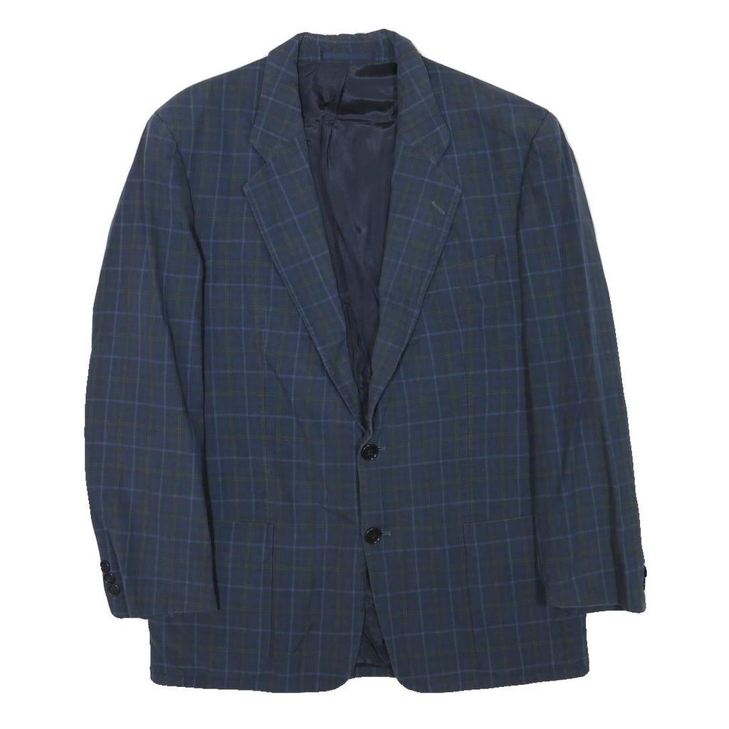 E THOMAS Mens Blue Checked Classic Jacket S Wool Blend Button Closure Stylish
