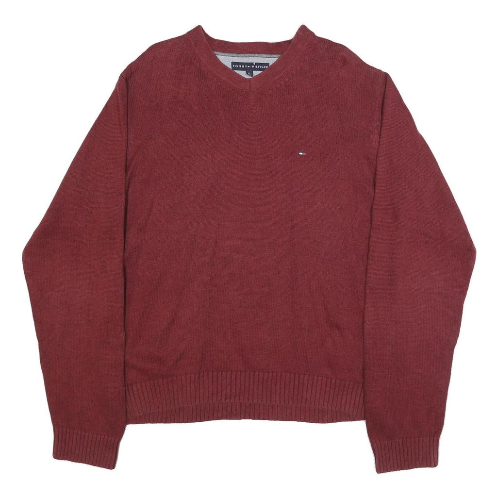 TOMMY HILFIGER Mens Maroon Plain V Neck Basic Knit Jumper XL Cotton Classic