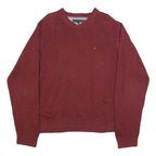 TOMMY HILFIGER Mens Maroon Plain V Neck Basic Knit Jumper XL Cotton Classic