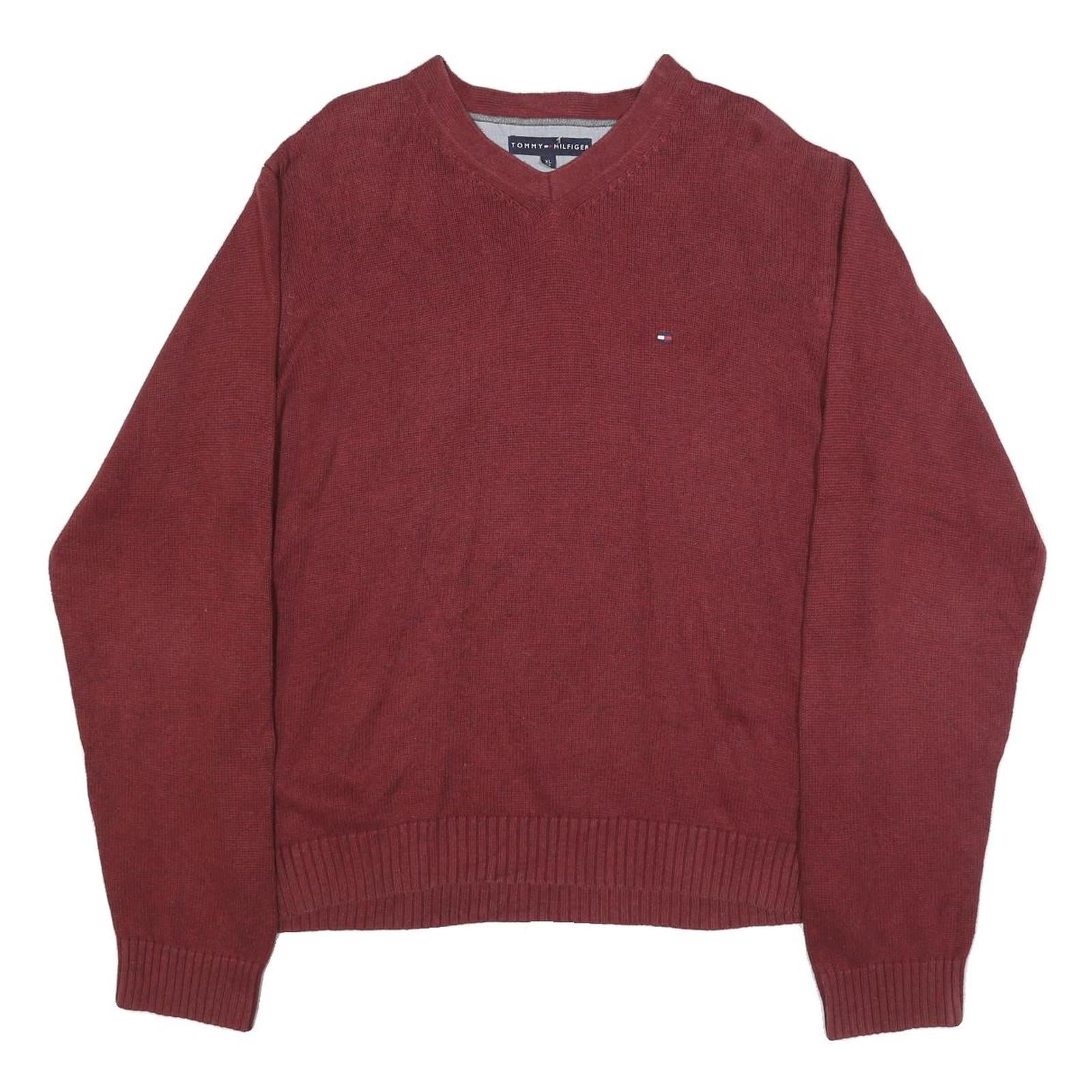 TOMMY HILFIGER Mens Maroon Plain V Neck Basic Knit Jumper XL Cotton Classic