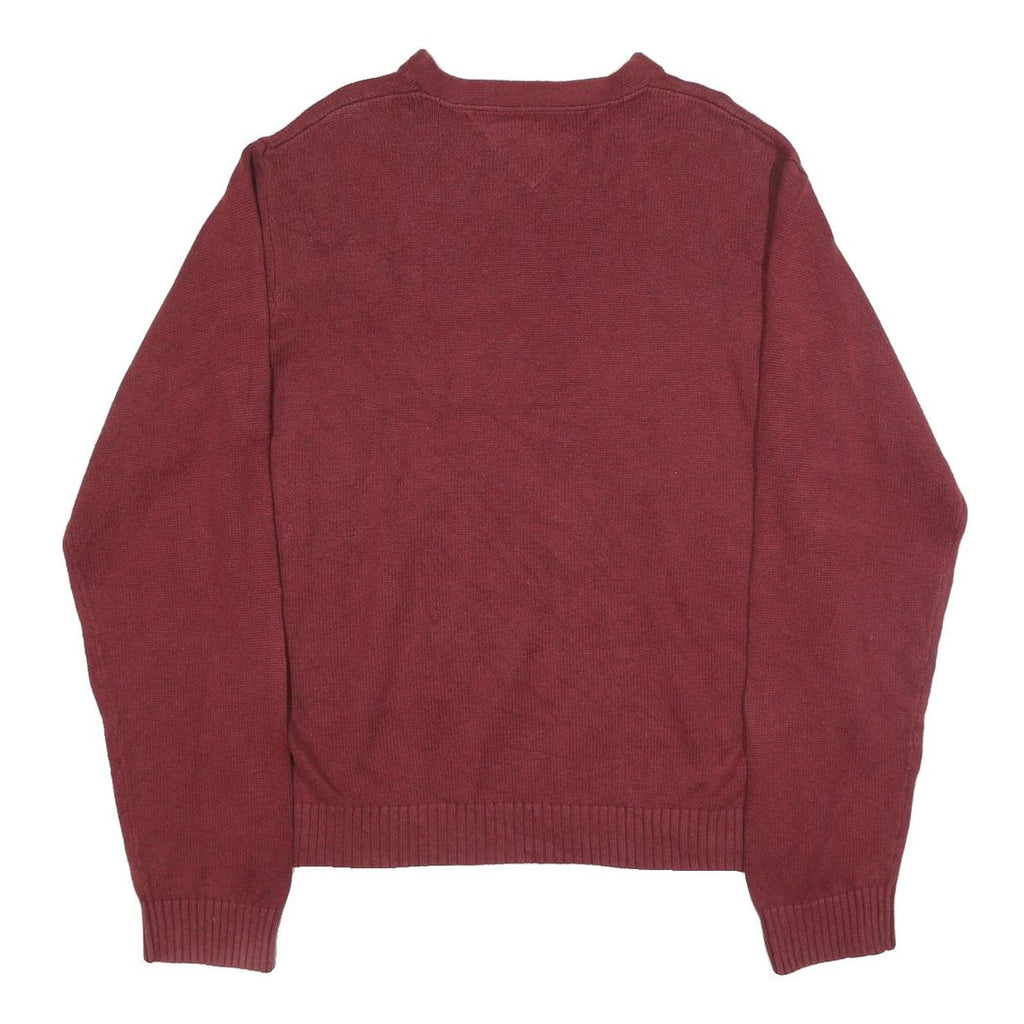 TOMMY HILFIGER Mens Maroon Plain V Neck Basic Knit Jumper XL Cotton Classic