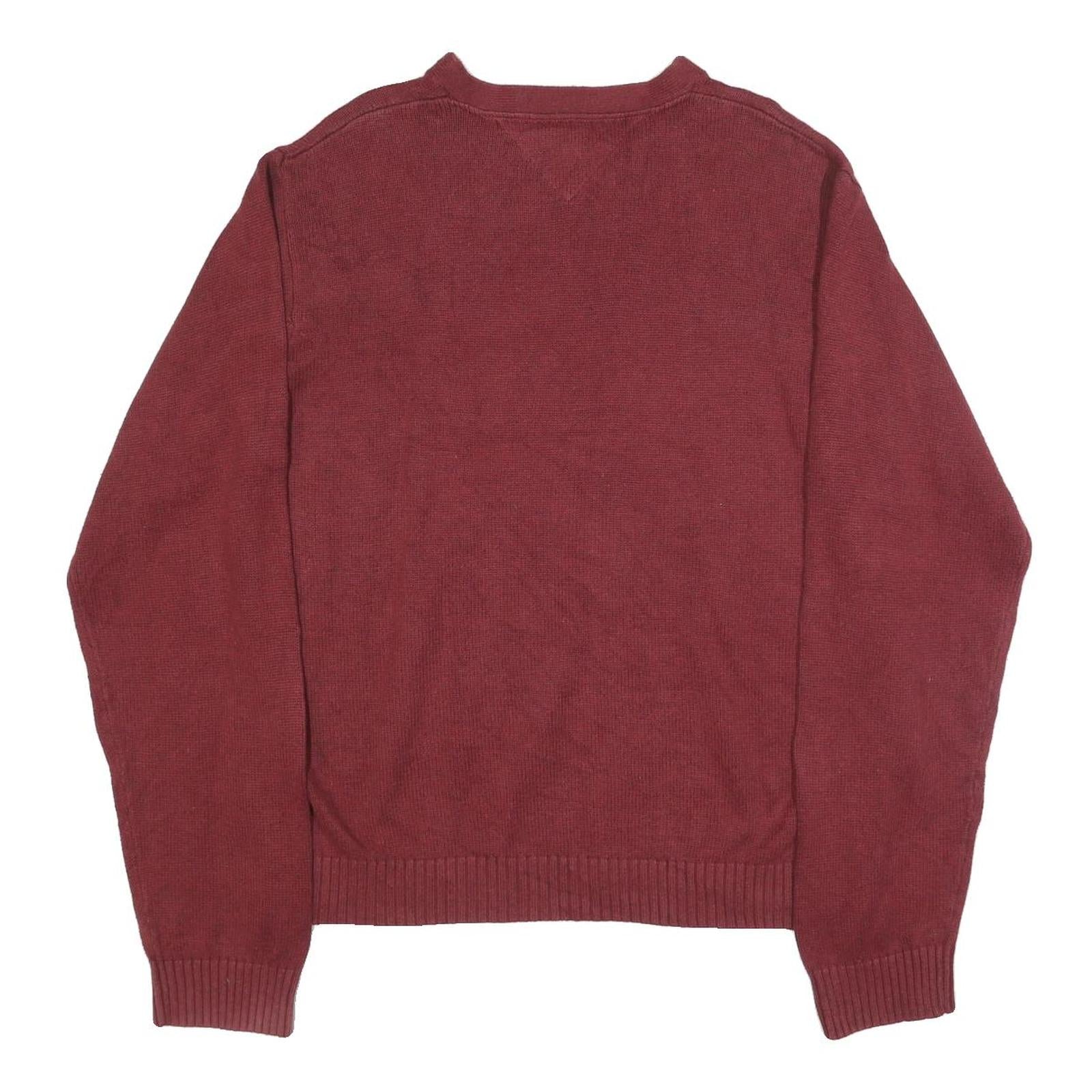 TOMMY HILFIGER Mens Maroon Plain V Neck Basic Knit Jumper XL Cotton Classic