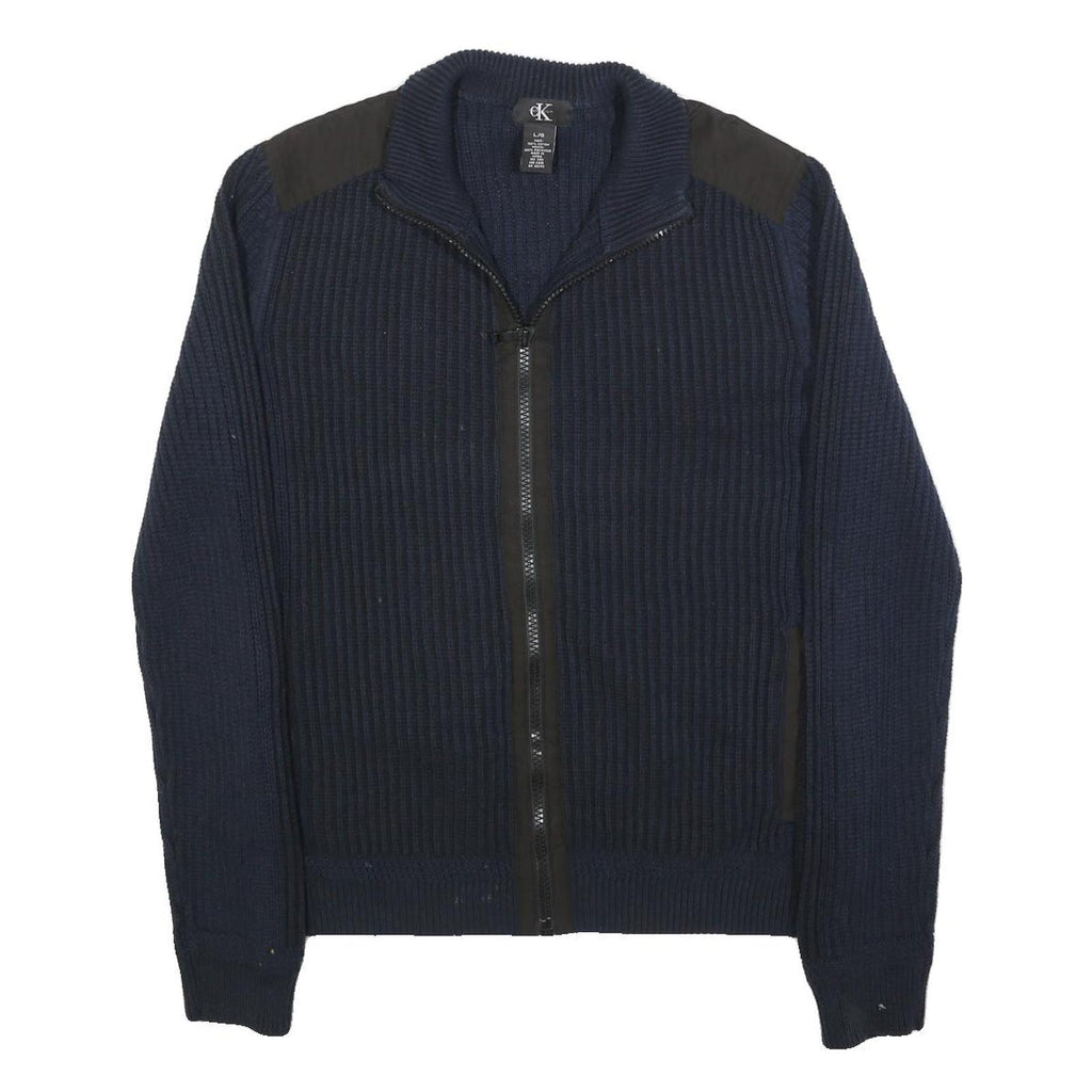 CALVIN KLEIN Mens Navy Pullover Patterned Crew Neck Basic Knit Jumper L Cotton