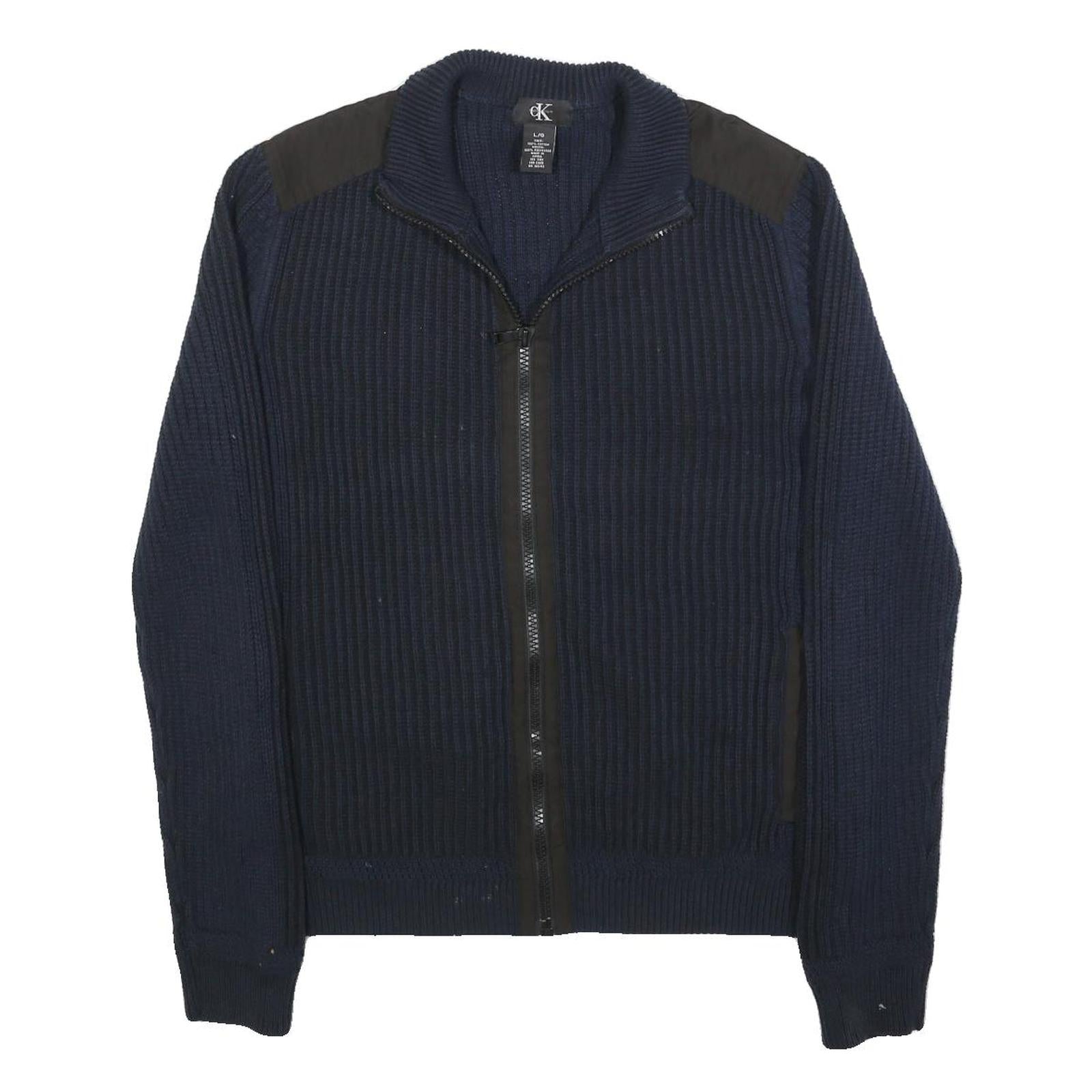 CALVIN KLEIN Mens Navy Pullover Patterned Crew Neck Basic Knit Jumper L Cotton