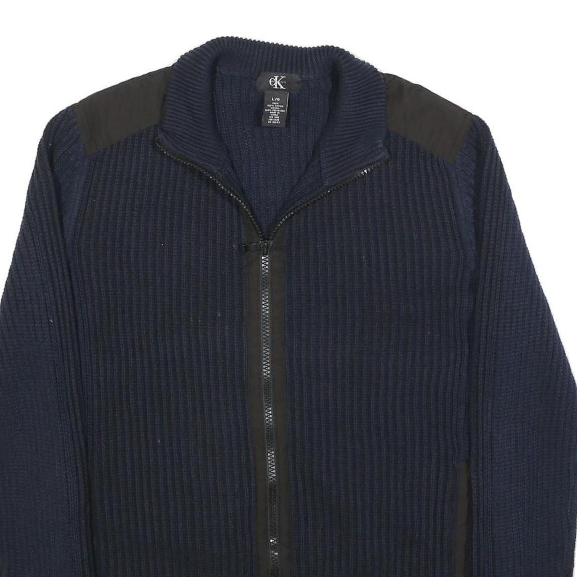 CALVIN KLEIN Mens Navy Pullover Patterned Crew Neck Basic Knit Jumper L Cotton