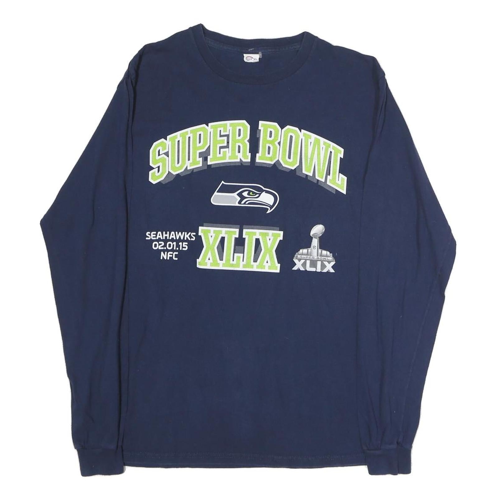 DELTA Mens Navy Blue Super Bowl XLIX Graphic T-Shirt XL Long Sleeve Crew Neck