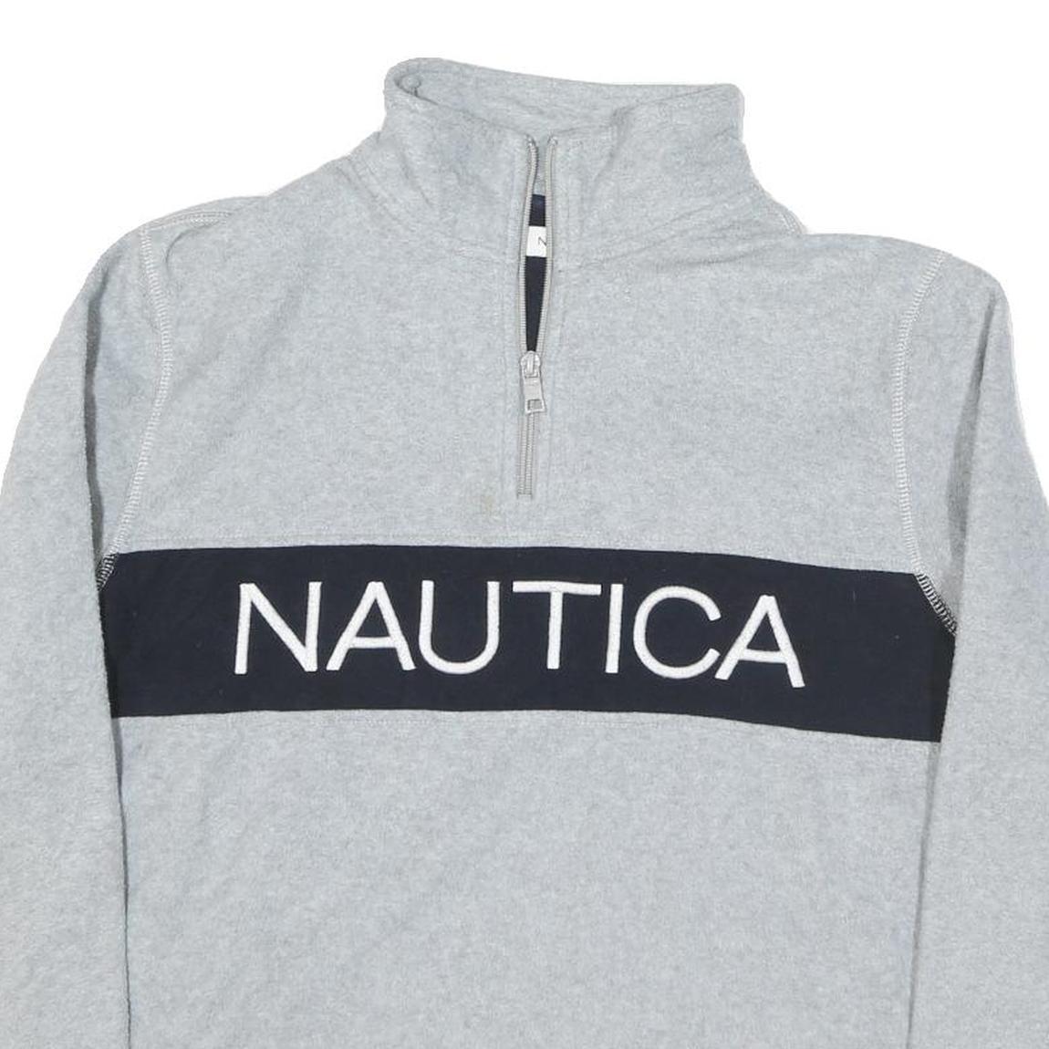 NAUTICA Mens Grey & Navy Logo Pattern Jumper 1/4 Zip Polyester Blend M Stylish