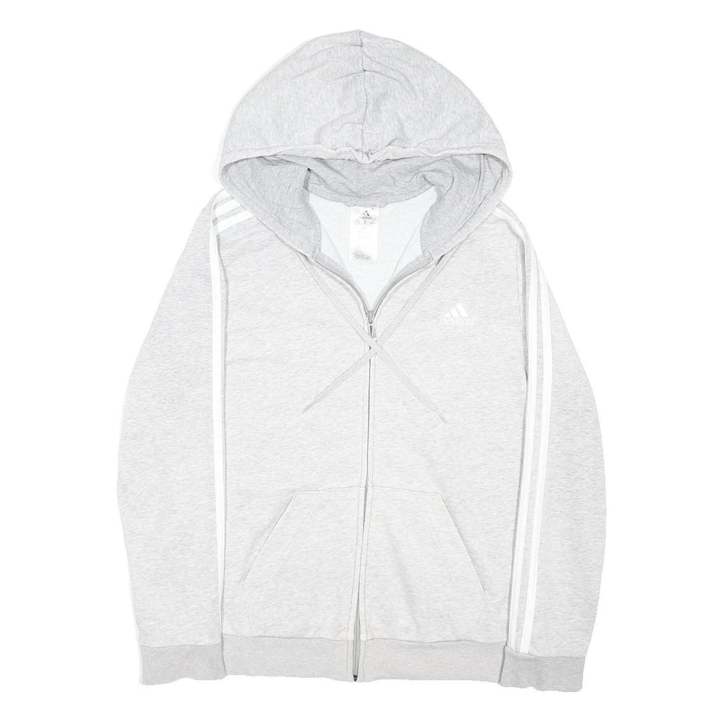 ADIDAS Womens Grey & White Zip Up Hoodie UK 12 Cotton Blend Casual Sportswear
