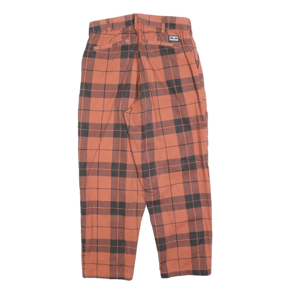 OBEY Womens Cotton Blend Rust & Black Check Regular Fit Straight Trousers W30