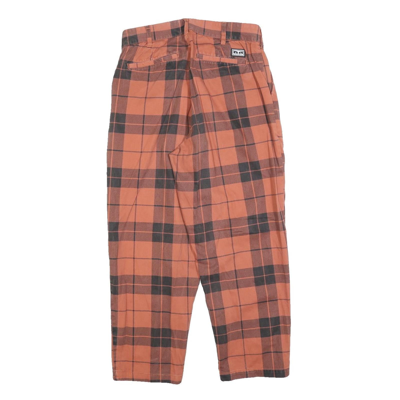 OBEY Womens Cotton Blend Rust & Black Check Regular Fit Straight Trousers W30