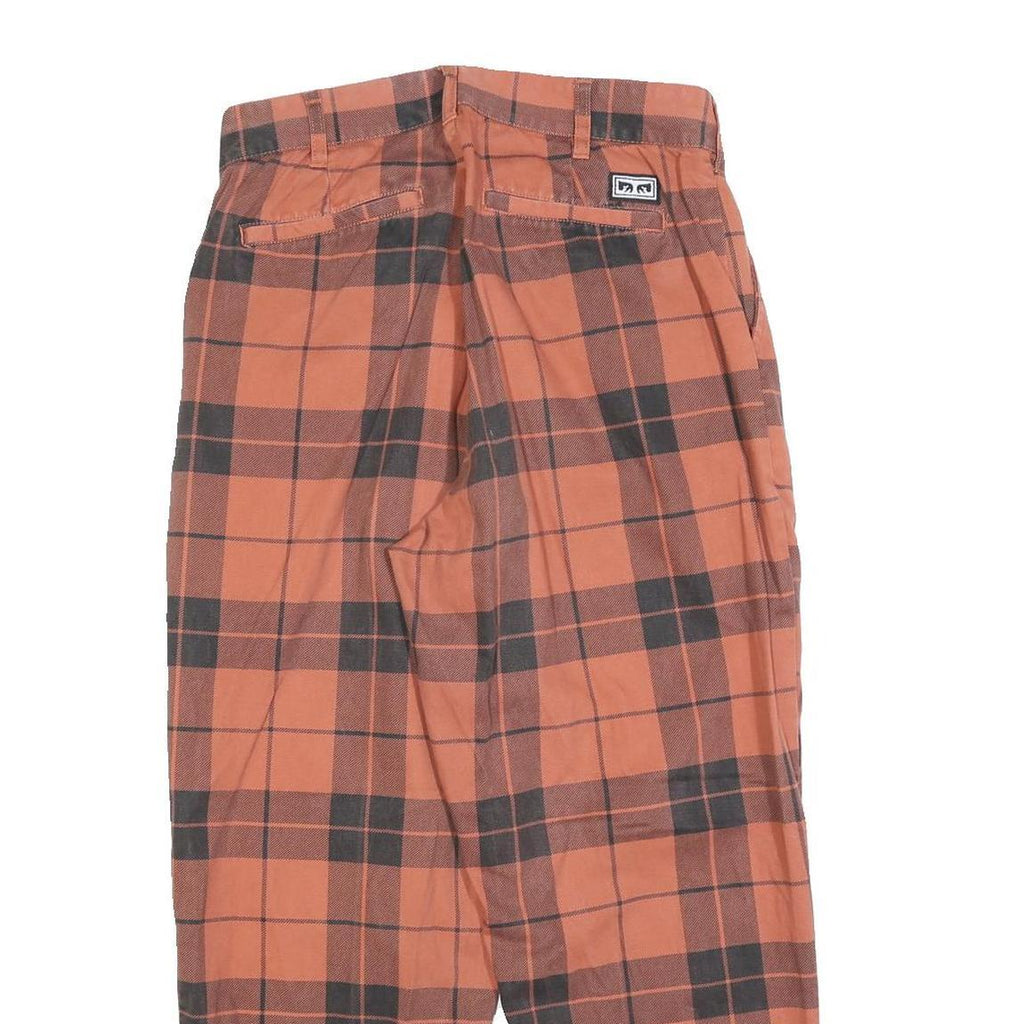 OBEY Womens Cotton Blend Rust & Black Check Regular Fit Straight Trousers W30