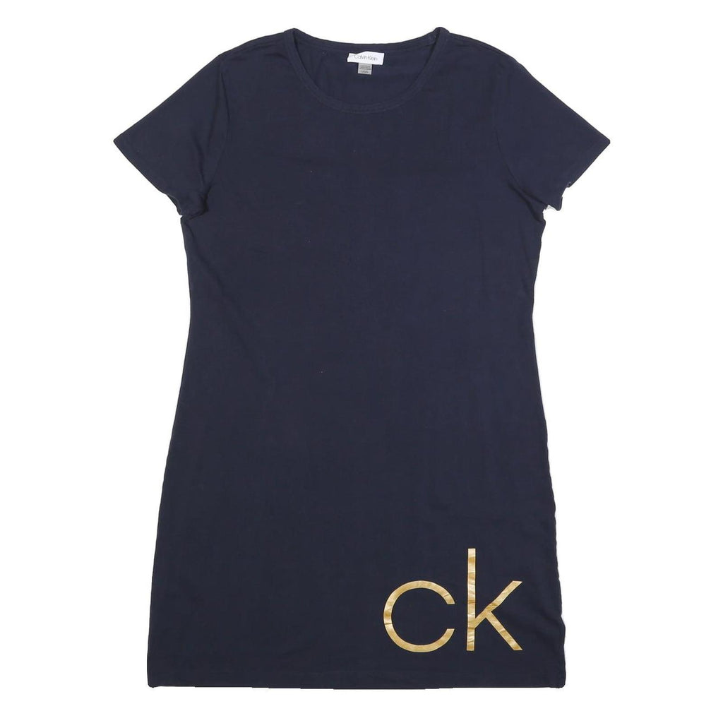 CALVIN KLEIN Womens Navy Blue Bodycon Cotton Blend Short Sleeve Mini Dress L