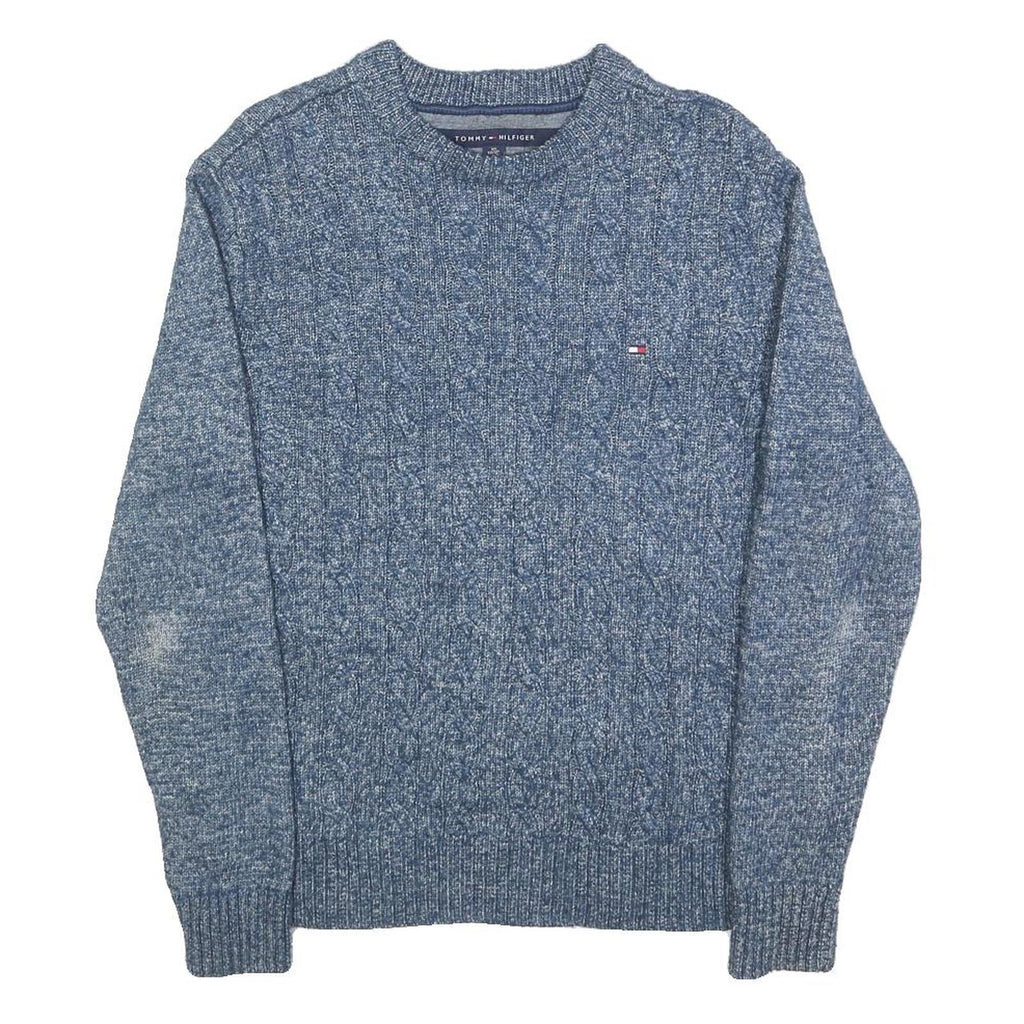 TOMMY HILFIGER Mens Blue Patterned Cotton Blend Jumper Crew Neck Cable Knit XS