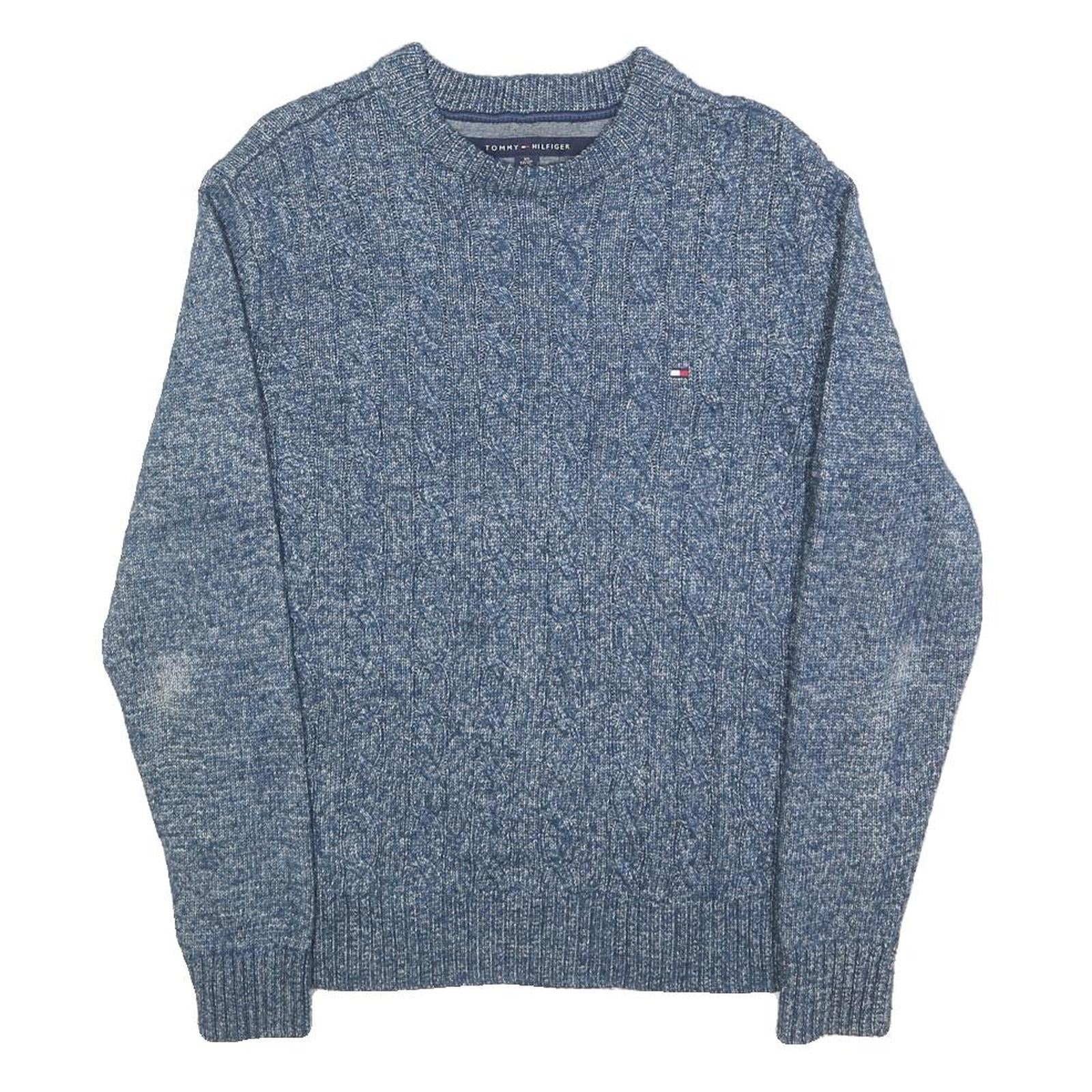 TOMMY HILFIGER Mens Blue Patterned Cotton Blend Jumper Crew Neck Cable Knit XS
