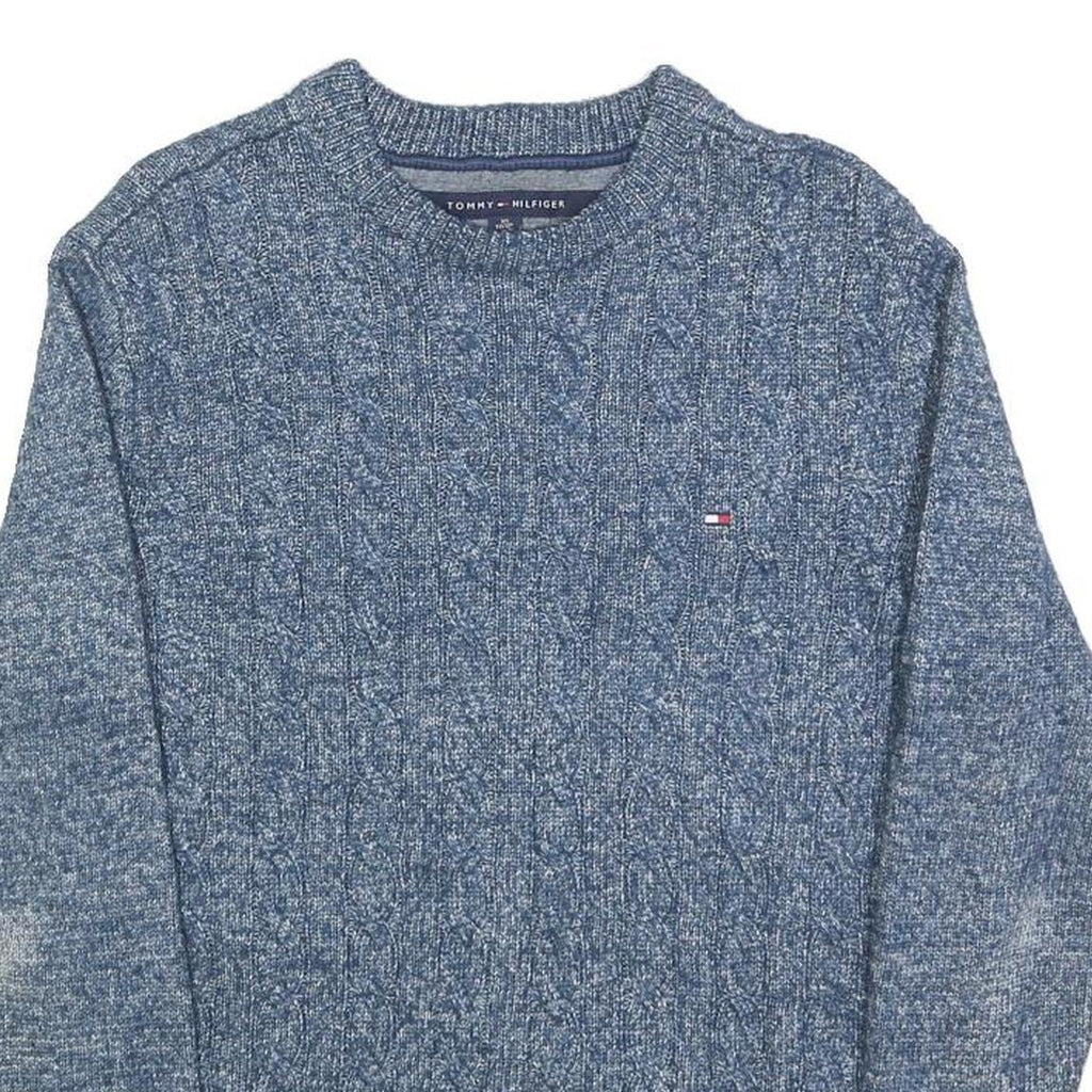 TOMMY HILFIGER Mens Blue Patterned Cotton Blend Jumper Crew Neck Cable Knit XS