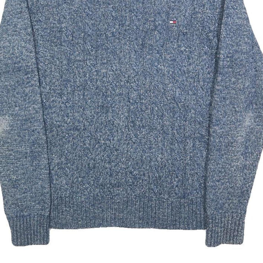 TOMMY HILFIGER Mens Blue Patterned Cotton Blend Jumper Crew Neck Cable Knit XS