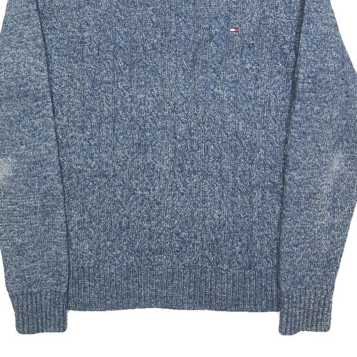 TOMMY HILFIGER Mens Blue Patterned Cotton Blend Jumper Crew Neck Cable Knit XS