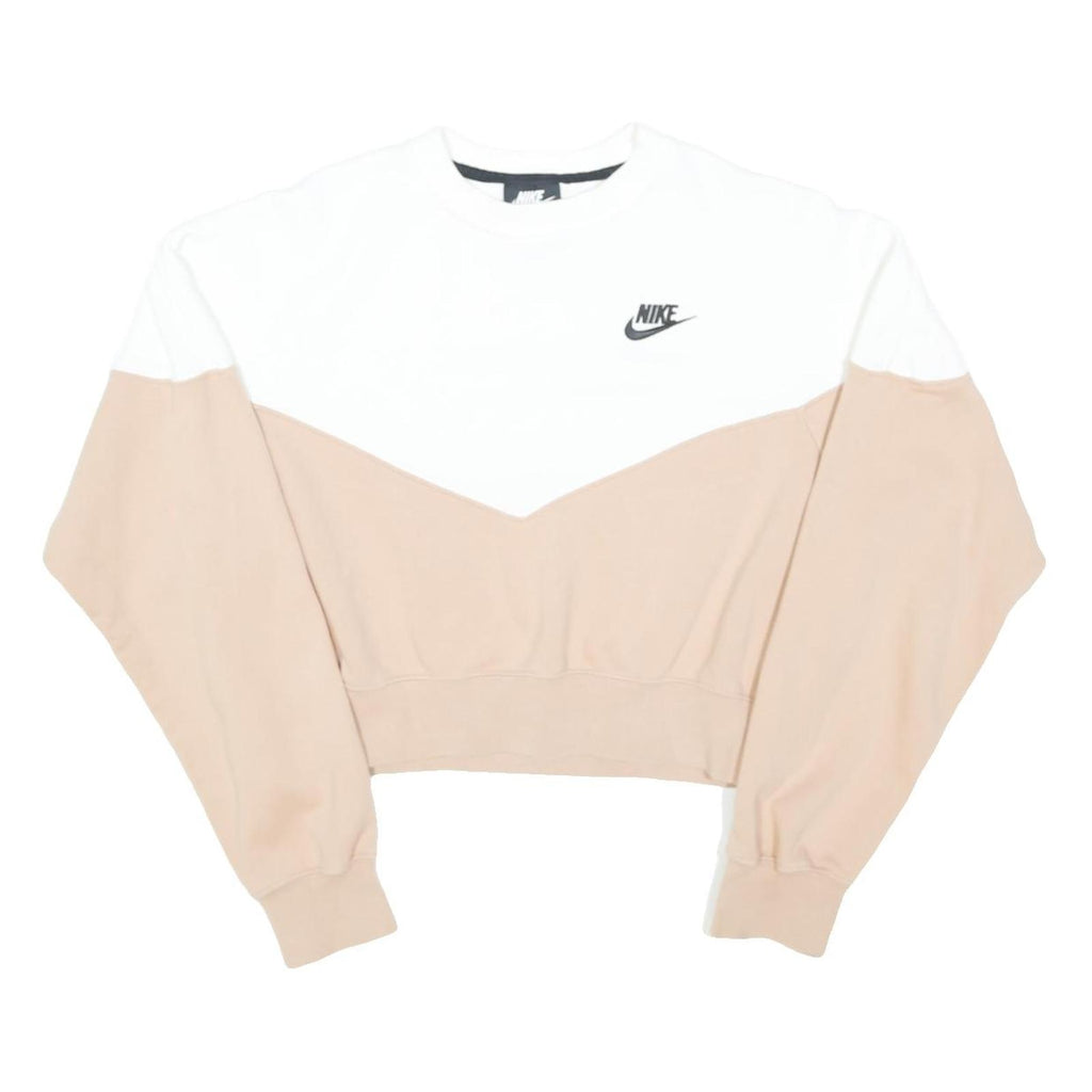 NIKE Womens White & Beige Crew Neck M Cotton Blend Sweatshirt Logo Pullover