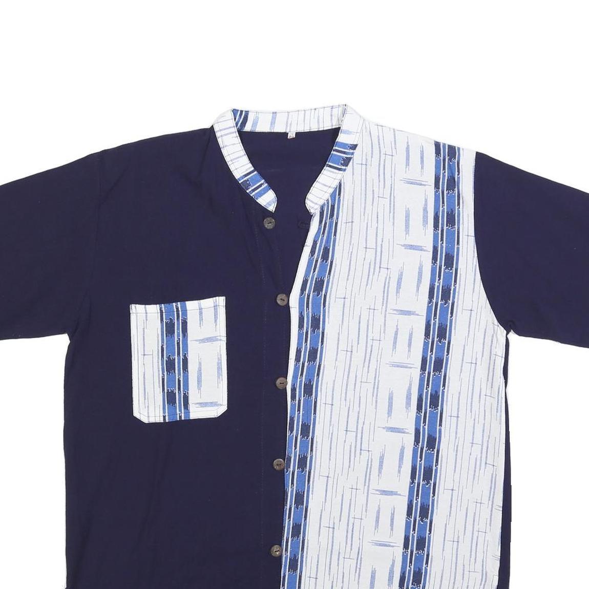 Mens Navy Blue & White Printed Cotton Blend Shirt M Short Sleeve Button Collar