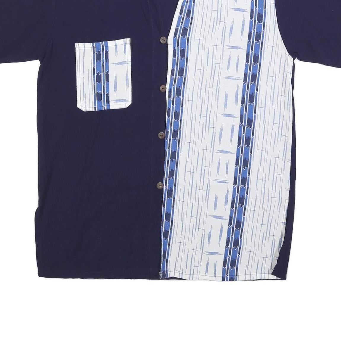 Mens Navy Blue & White Printed Cotton Blend Shirt M Short Sleeve Button Collar