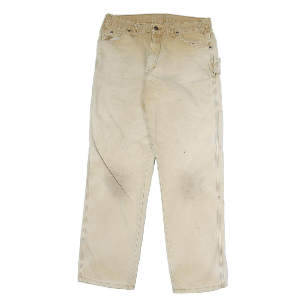 DICKIES Mens Cotton Beige Regular Straight Trousers W28 L30 Workwear Utility Zip